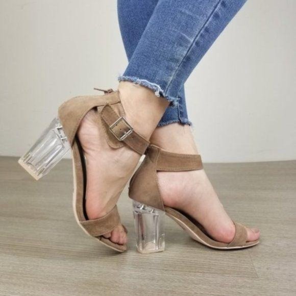 Lucite Clear Heel Tan Vegan Suede Heel Sandal - Picture 3 of 7